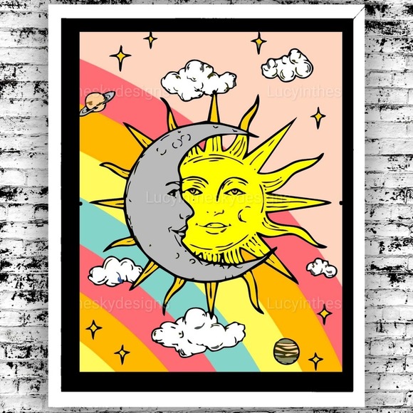 Retro Pink Sun Moon Stars Celestial Art Print 8.5x11 - Picture 1 of 5